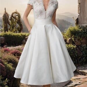 Coco Melody Elegant White Lace Bodice Midi Tea Length Wedding Dress
